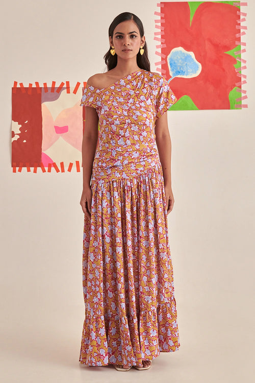 Gold Florentina Pleated Long Dress