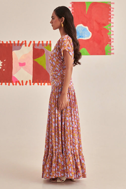 Gold Florentina Pleated Long Dress