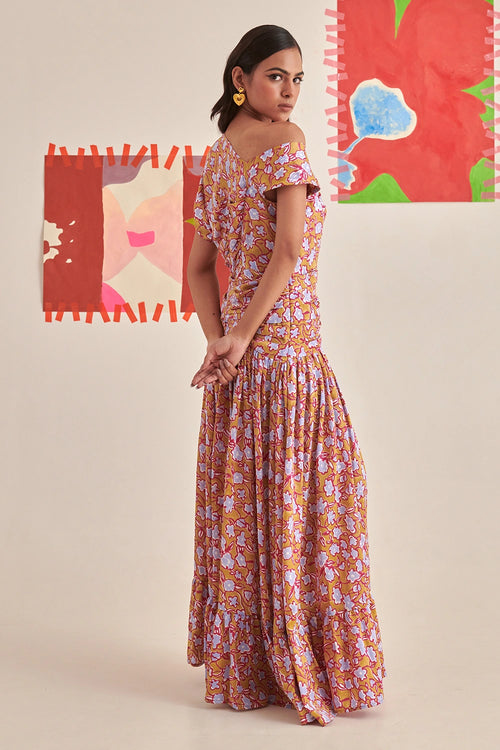 Gold Florentina Pleated Long Dress