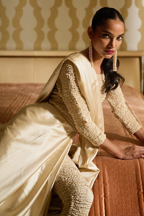 Alabaster Satin Embroidered Sari Set