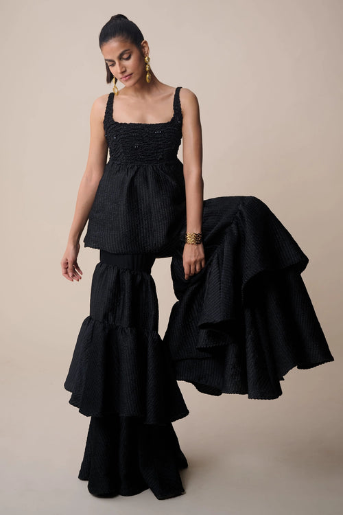 Black Satin Smocked Gharara Pants