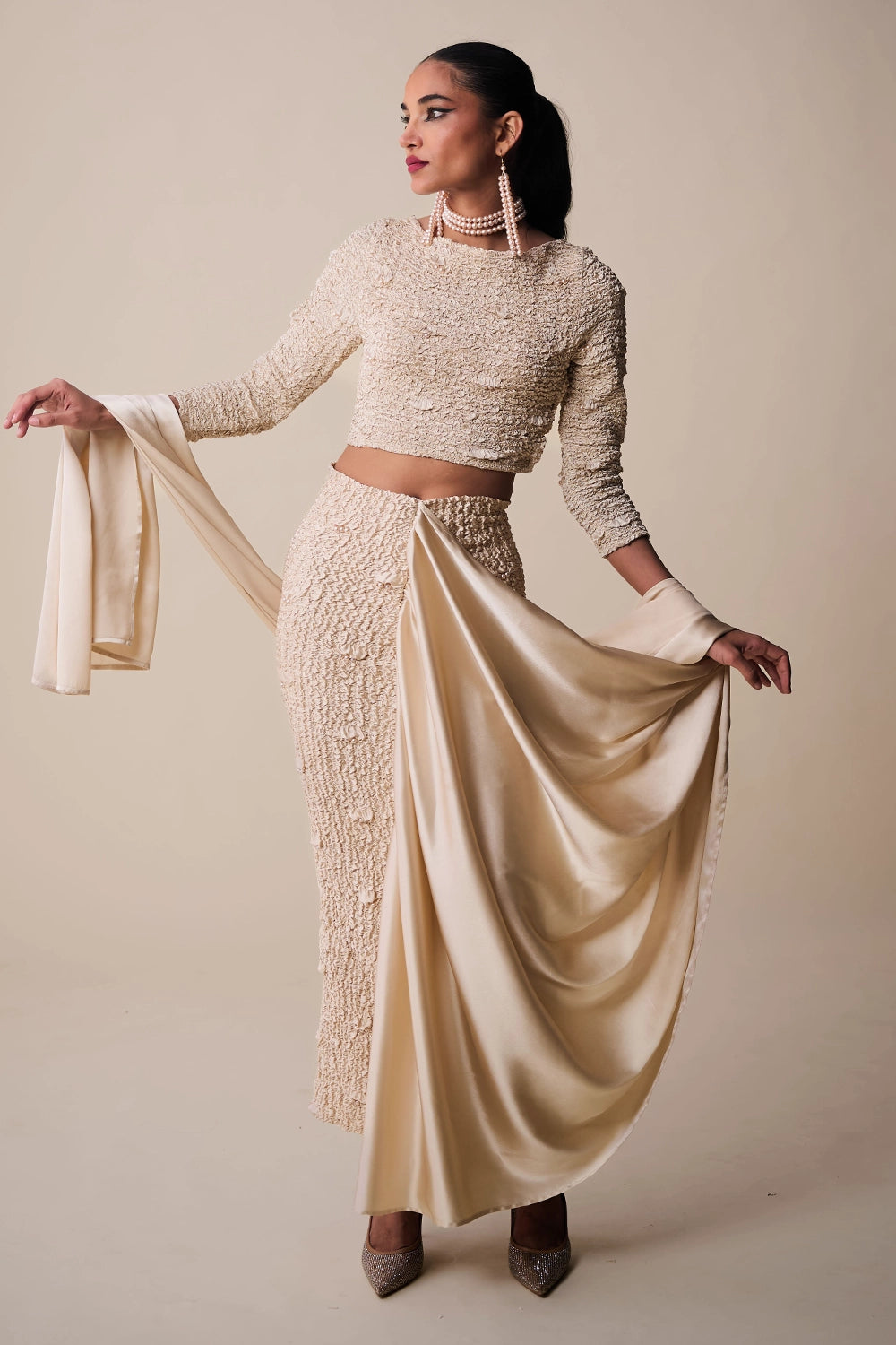 Alabaster Satin Pearl Sari Skirt