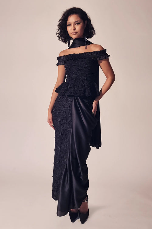 Black Satin Pearl Peplum & Sari Skirt Set