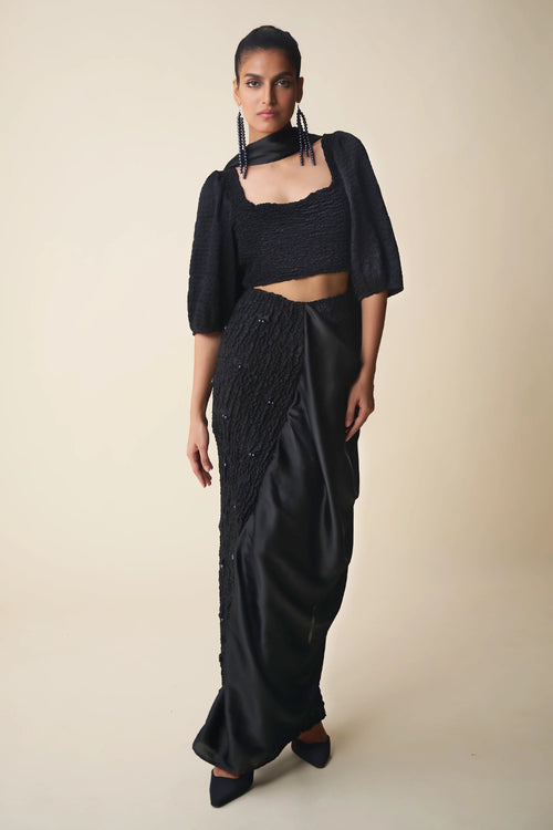 Black Satin Pearl Top & Sari Skirt Set