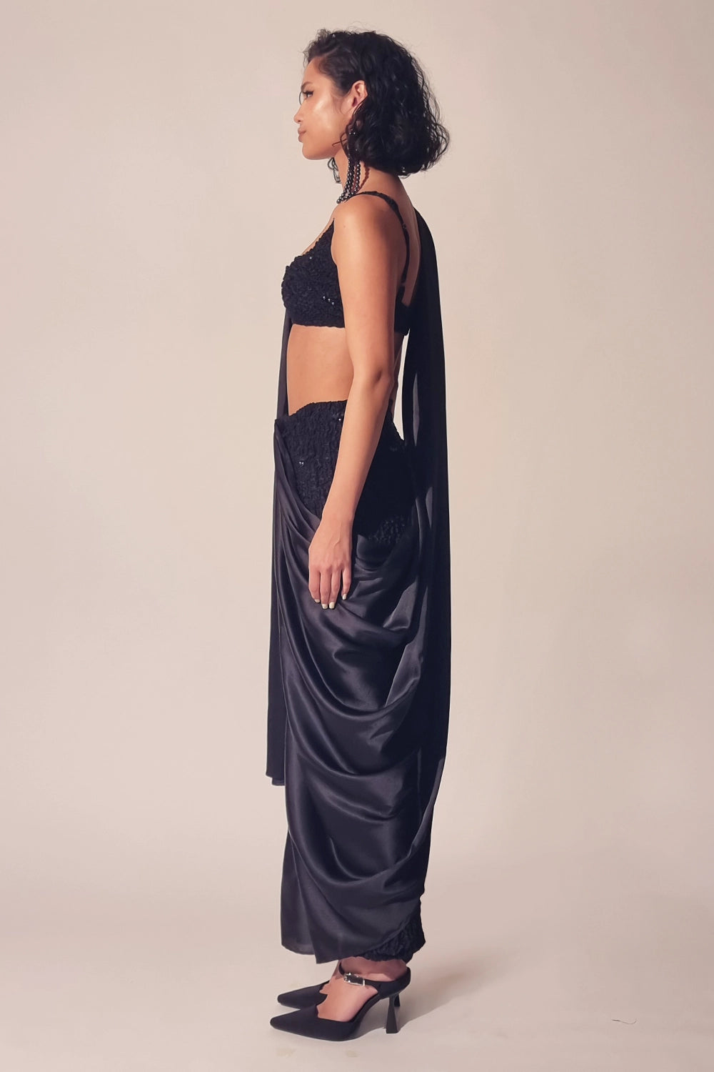 Black Satin Pearl Sari Skirt