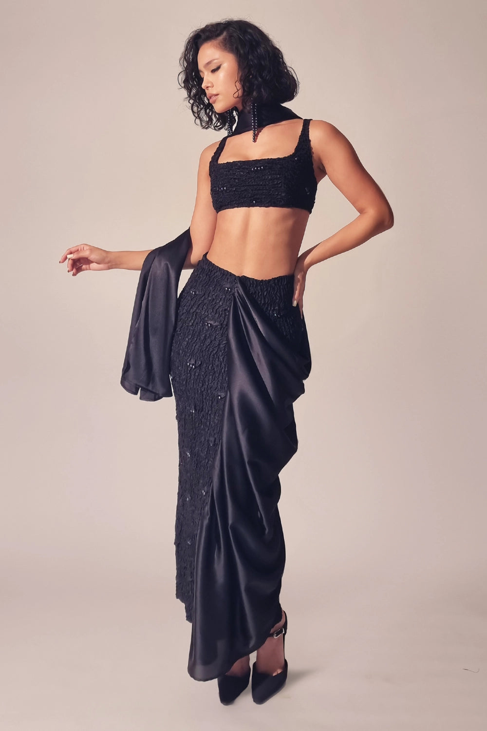 Black Satin Pearl Sari Skirt