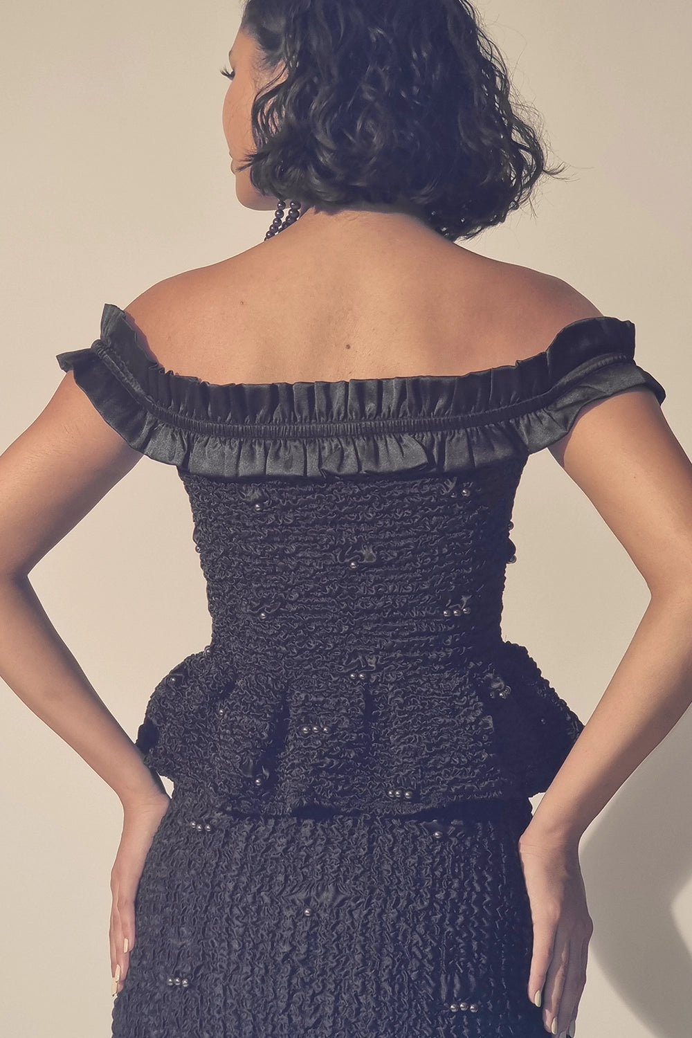 Black Satin Pearl Peplum Top