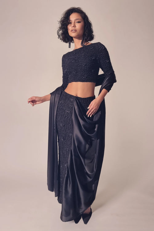 Black Satin Pearl Cropped Top & Sari Skirt Set