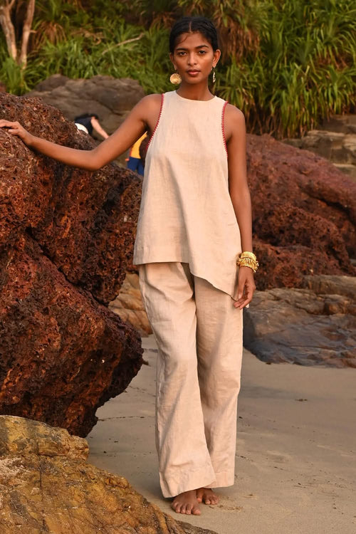 Lauren Beige Halter Asymmetrical Top and Eri Elasticated Pants
