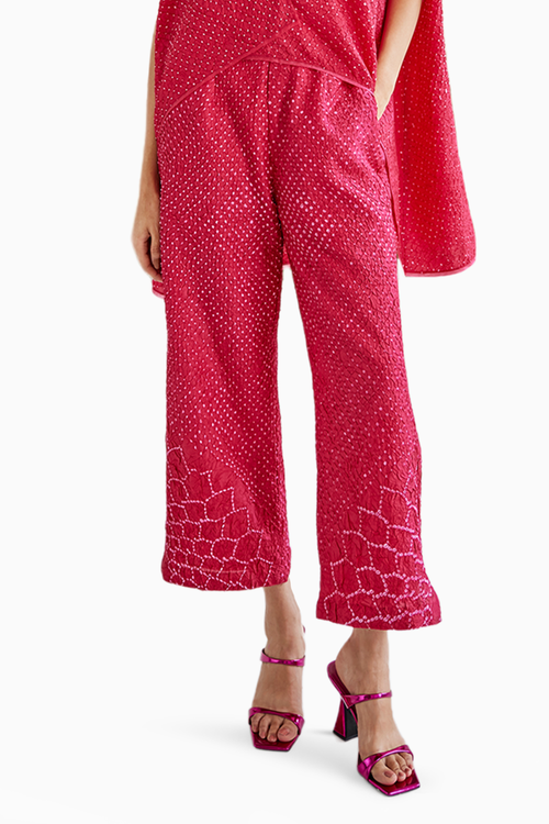 Pink Bandhani Wrap Over top with Slit Plazzos
