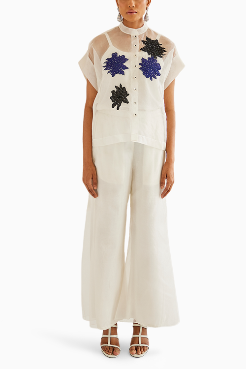 White Organza Applique Cap Sleeves Top with Pants