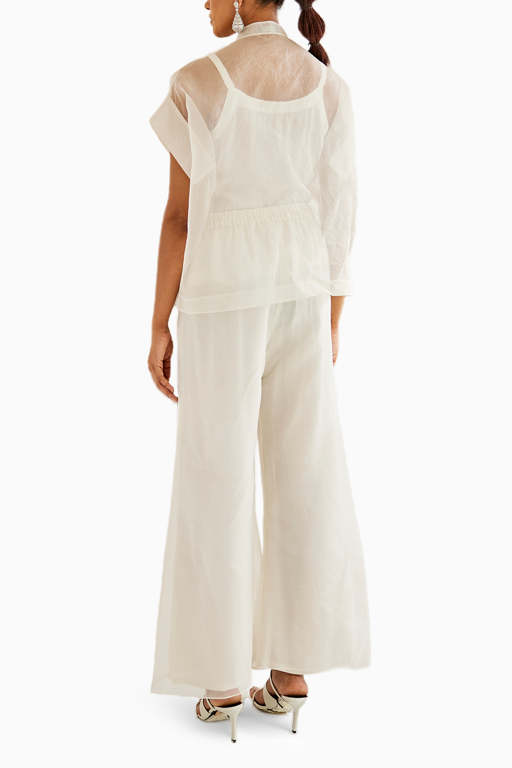 White Organza Applique Cap Sleeves Top with Pants