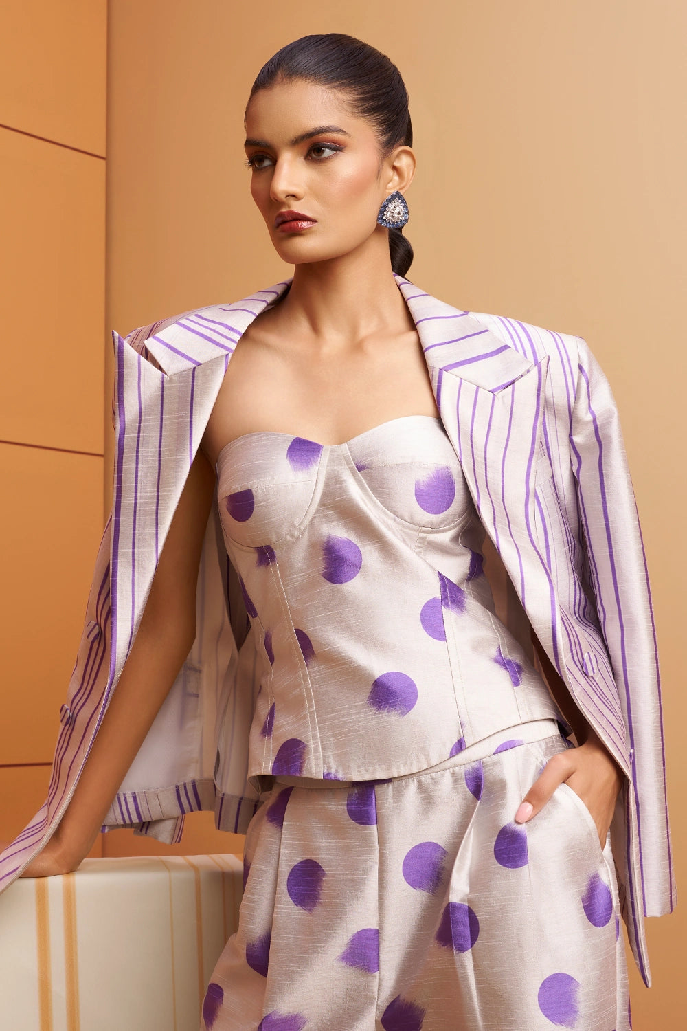 Vyani Printed Blazer and Corset with Trousers