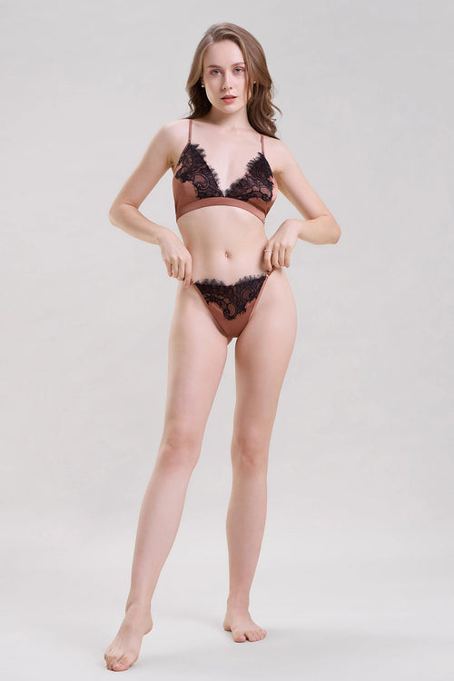 Brown Satin Bralette and Thong Set