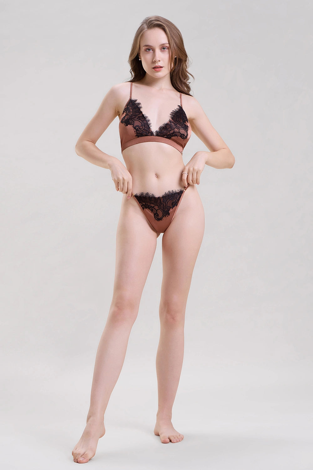 Brown Satin Bralette and Thong Set