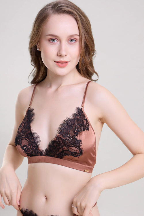 Brown Satin Bralette and Thong Set