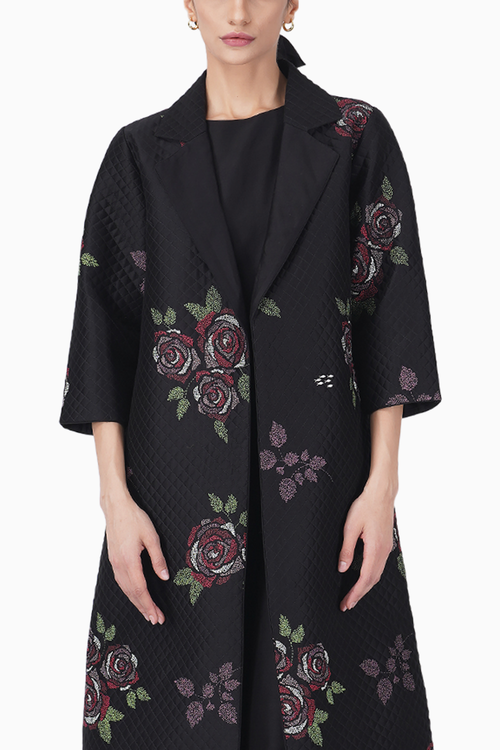 Multicolor Rose Printed Pleated Dress with Quilted Jacket