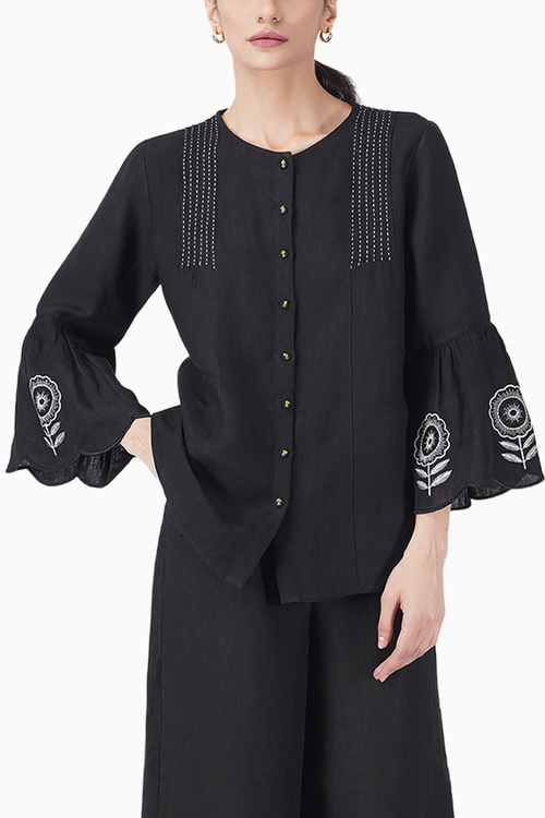 Sunflower Embroidered Pin Tuck Top and Pant