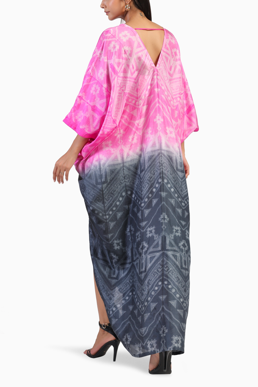 Rose Knot Black and Pink Ombre Tribal Shibori Kaftan