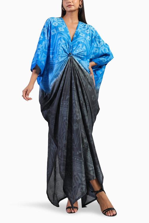 Rose Knot Black and Blue Ombre Tribal Shibori Kaftan