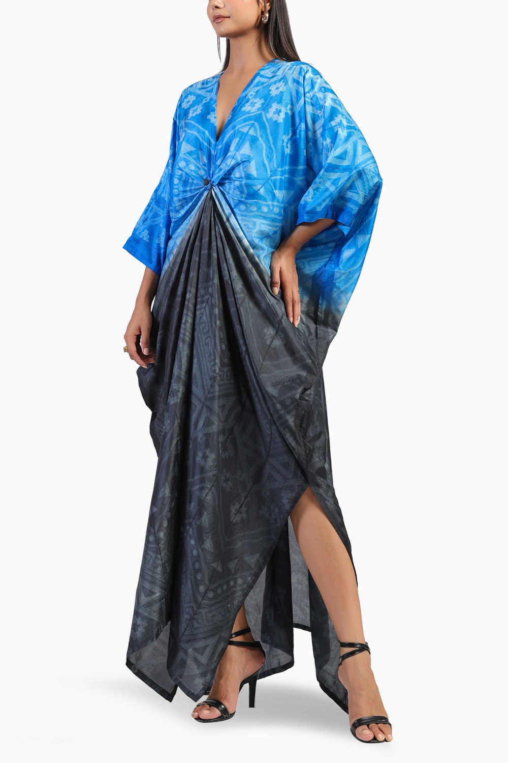 Rose Knot Black and Blue Ombre Tribal Shibori Kaftan