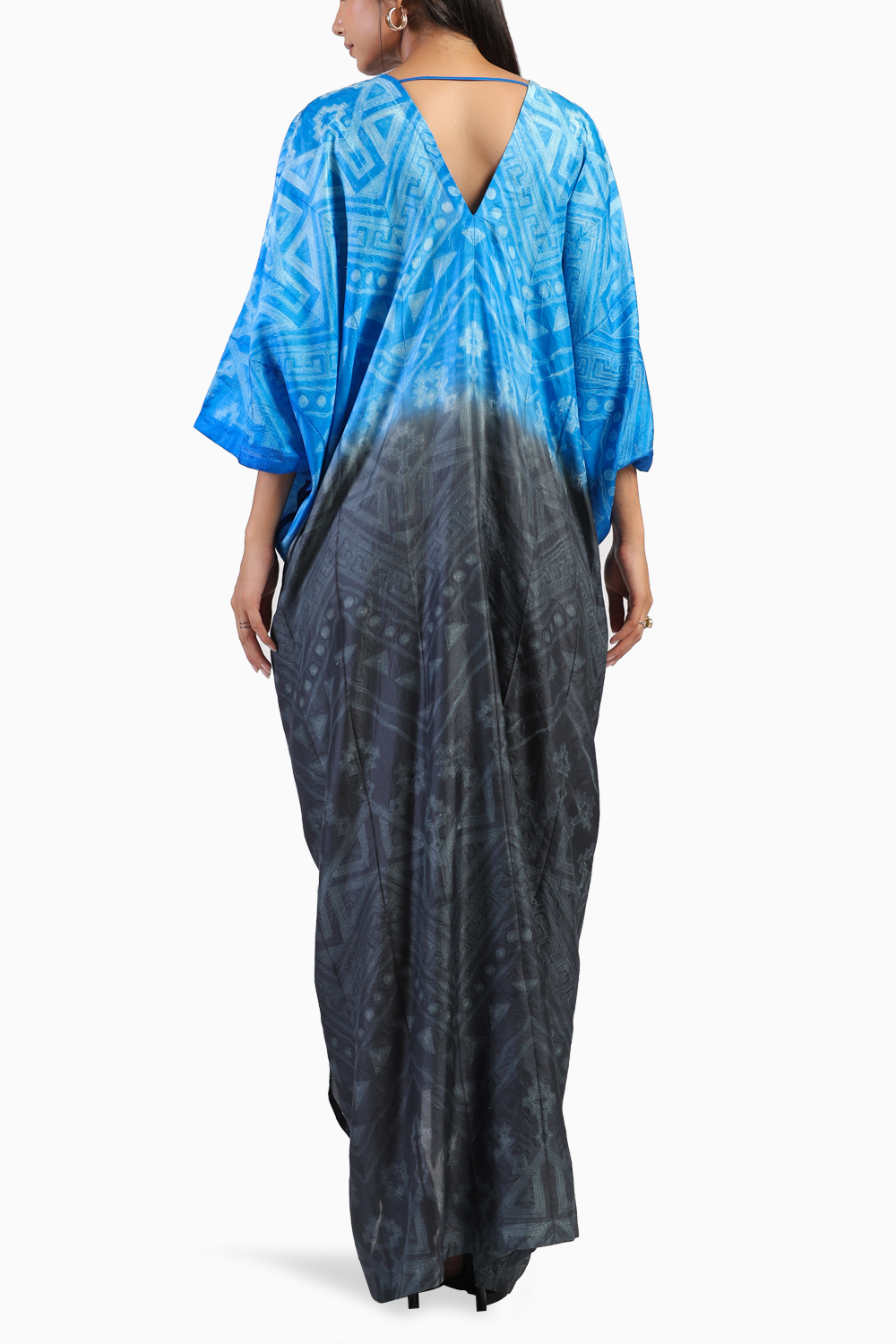 Rose Knot Black and Blue Ombre Tribal Shibori Kaftan