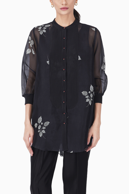 Black Leaf Print Shirt with Top and Pants
