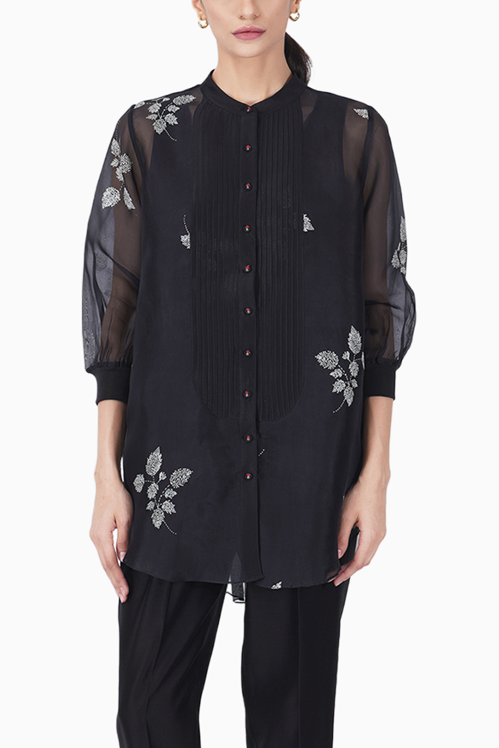 Black Leaf Print Shirt with Top and Pants