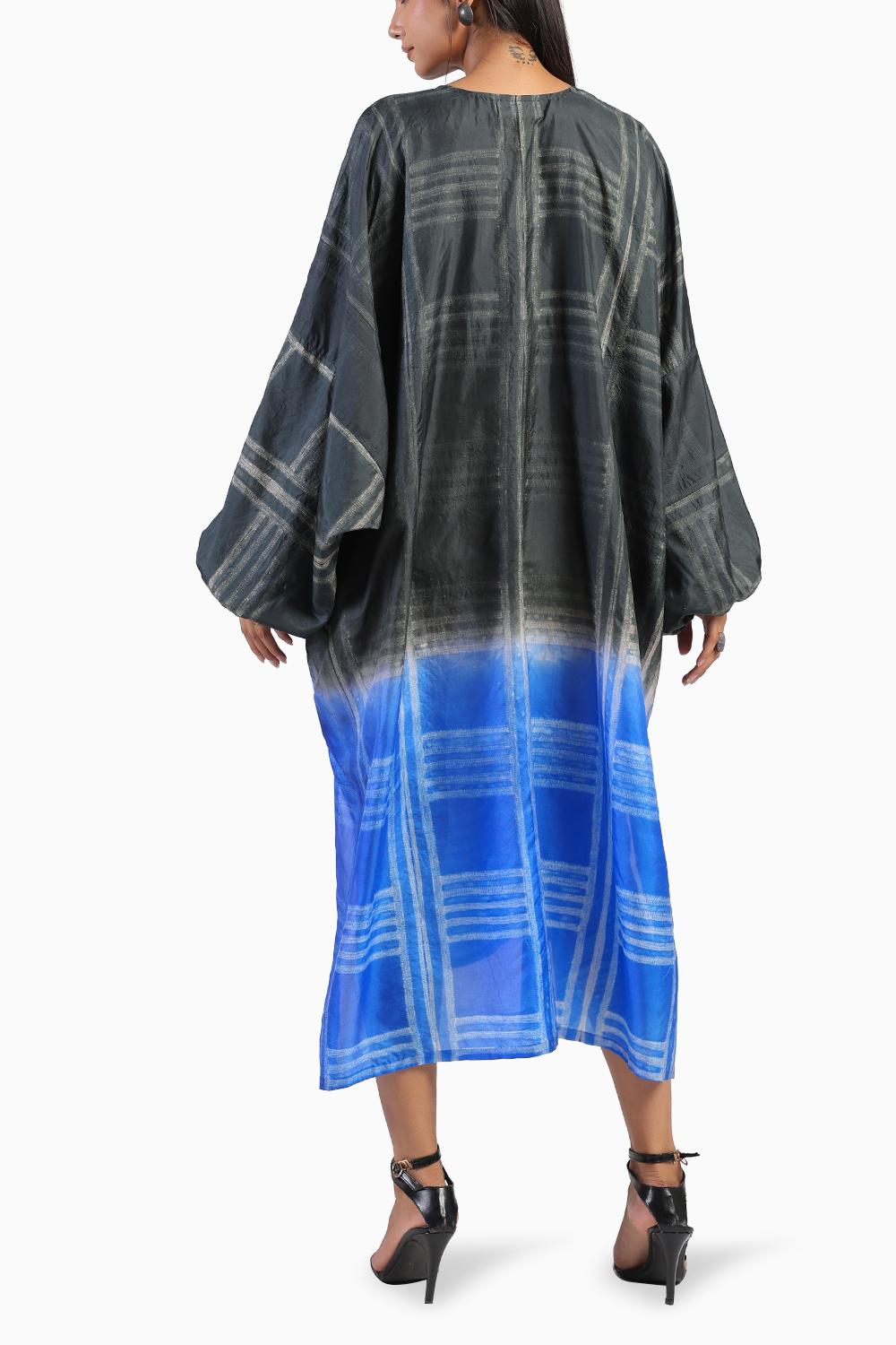 Geometric Black and Blue Shibori Kaftan Dress