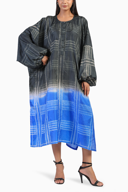 Geometric Black and Blue Shibori Kaftan Dress