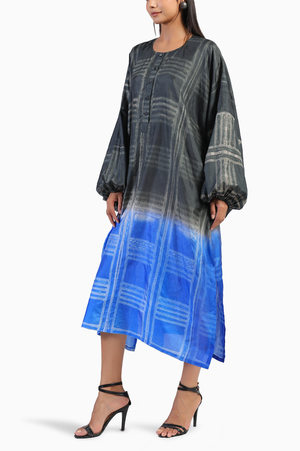 Geometric Black and Blue Shibori Kaftan Dress