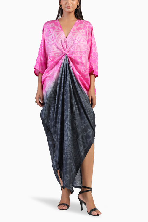 Rose Knot Black and Pink Ombre Tribal Shibori Kaftan