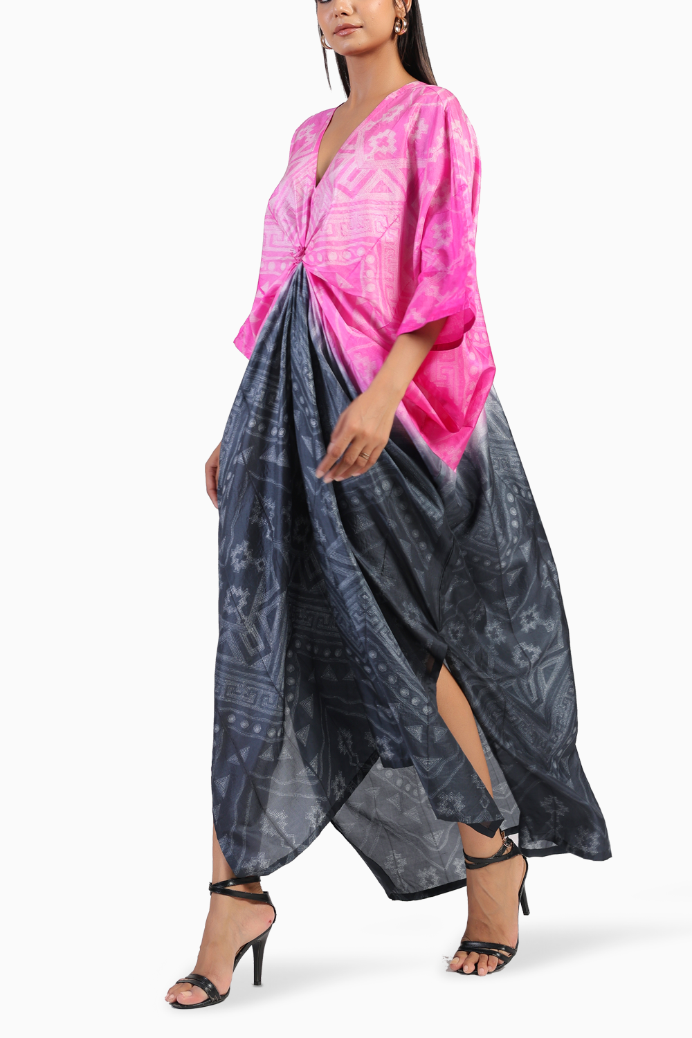 Rose Knot Black and Pink Ombre Tribal Shibori Kaftan