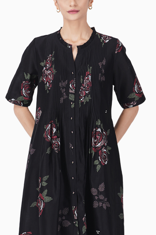Multi Rose Print Pleated Black Dress