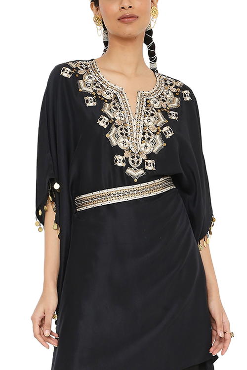Juri Black Embroidered Kaftan With Sharara and Belt