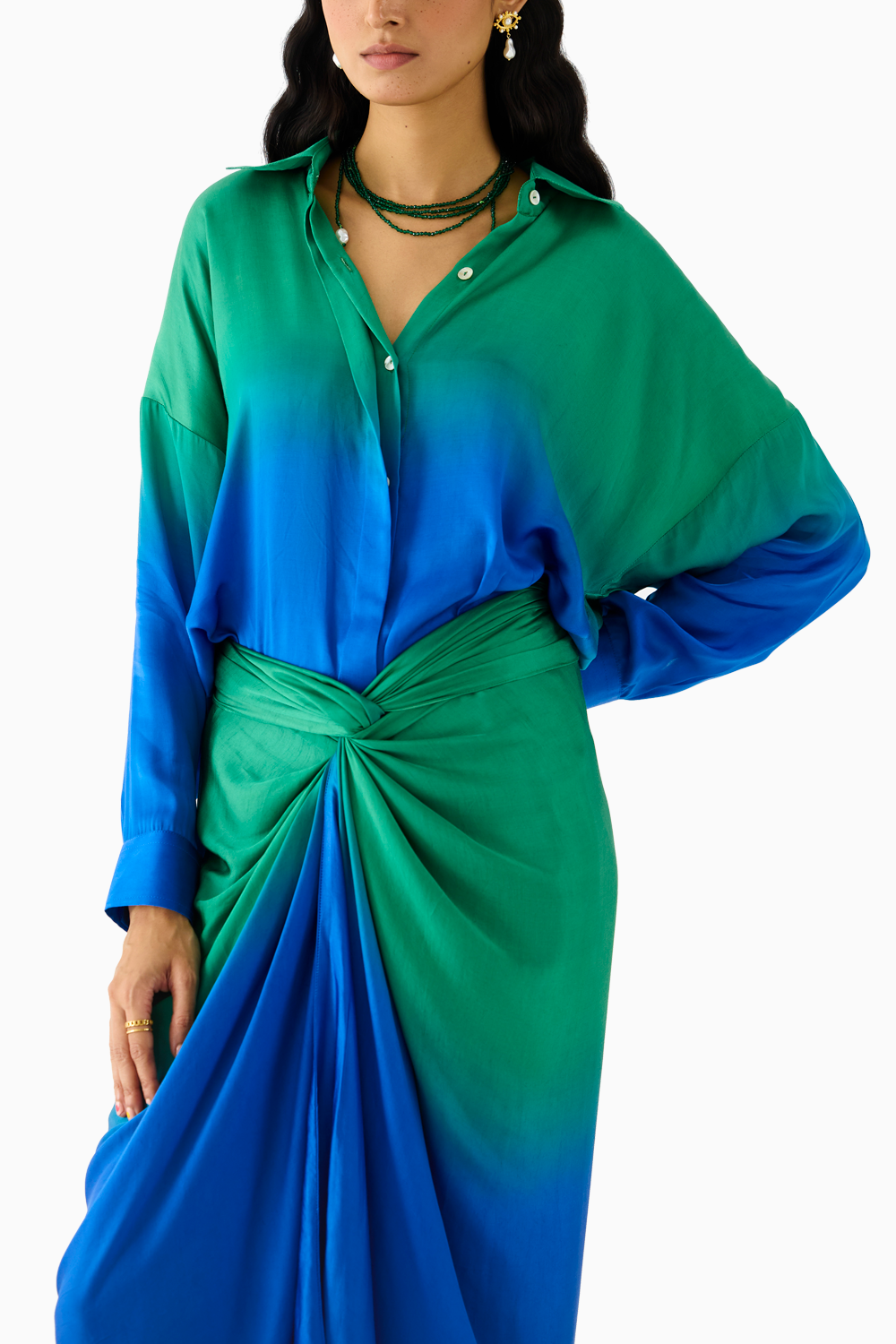 Emerald Draped Shirt Dress