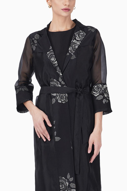 Monochrome Rose Print Jacket with Jumpsuit