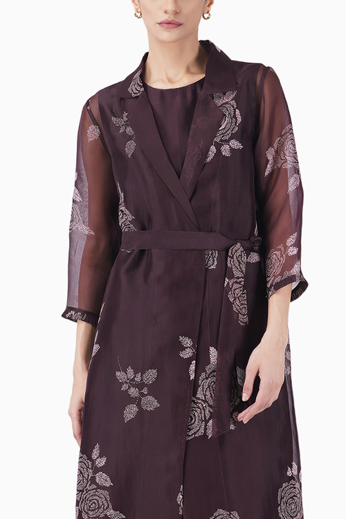 Grape Rose Print Organza Jacket and Dress