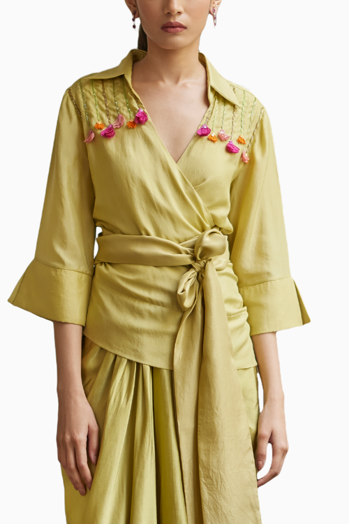 Leek Green Embroidered Wrap Shirt and Drape Skirt