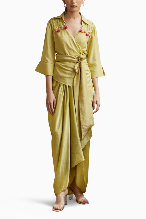 Leek Green Embroidered Wrap Shirt and Drape Skirt