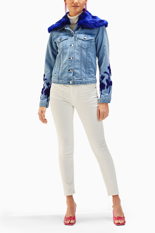 Light Wash Blue Fur Embellished Denim Jacket