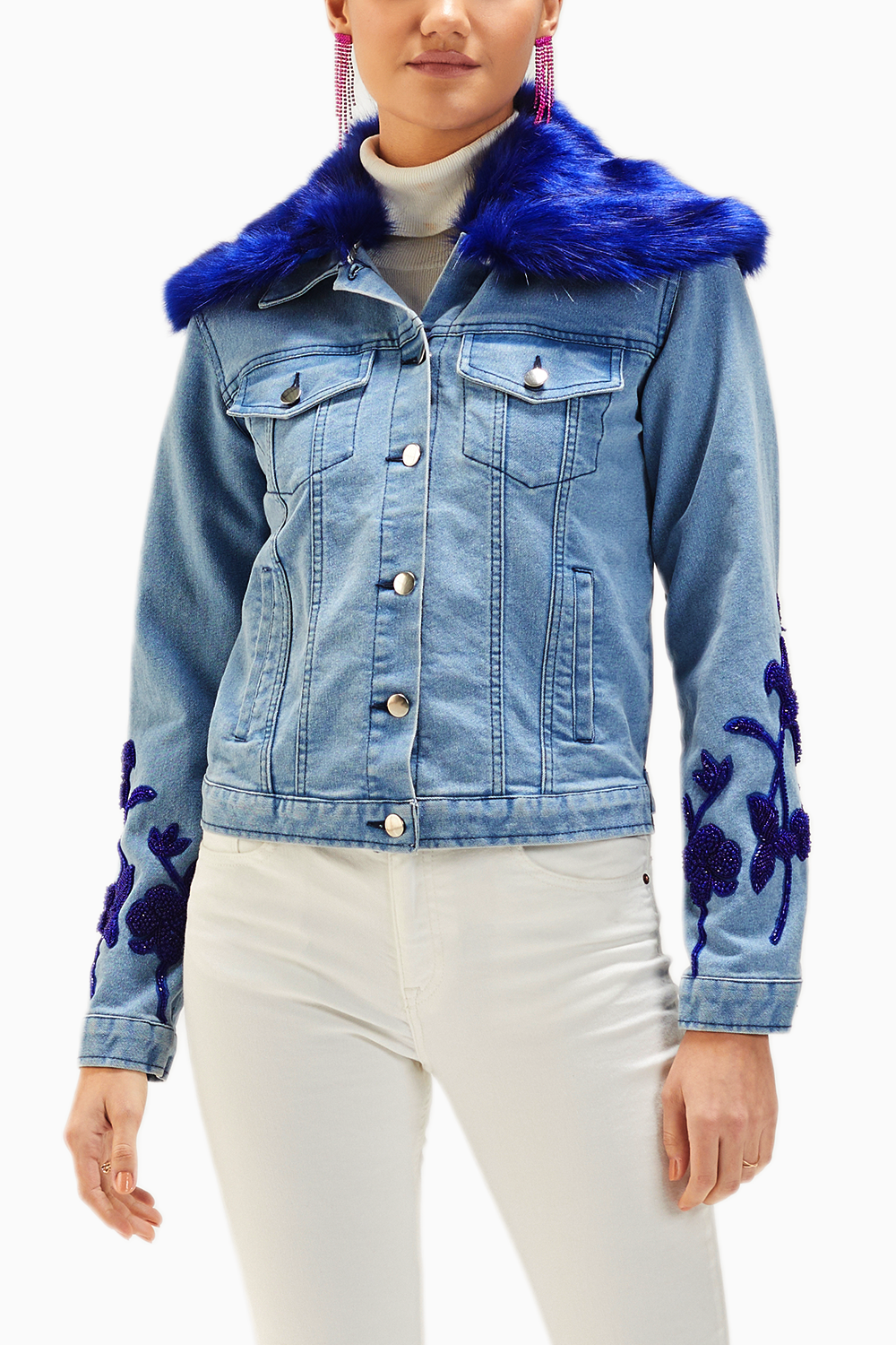 Light Wash Blue Fur Embellished Denim Jacket