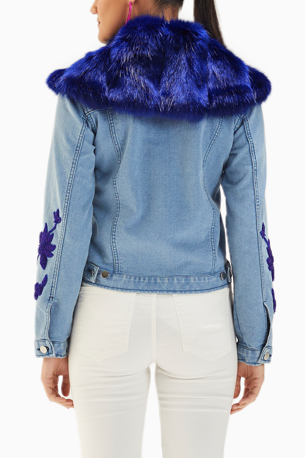 Light Wash Blue Fur Embellished Denim Jacket