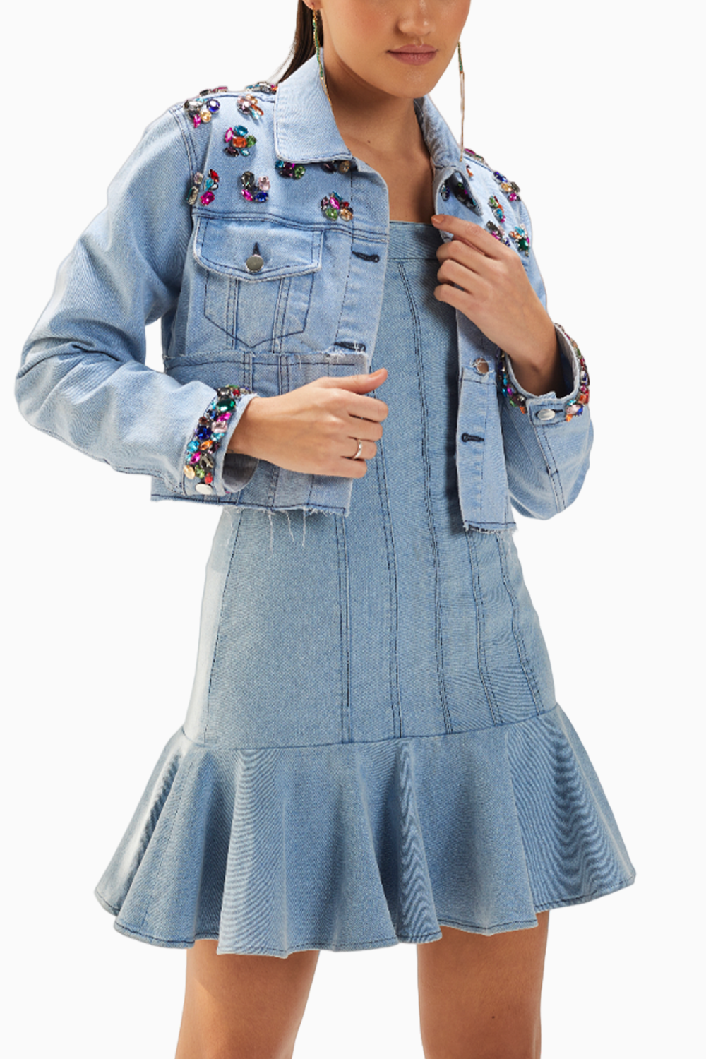 Light Wash Denim Off Shoulder Dress With Stones Embellished Jacket