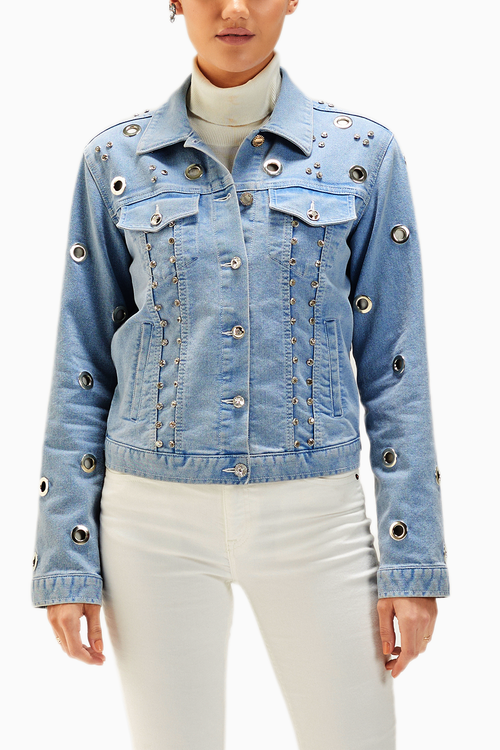 Light Wash Eyelet Embellished Denim Jacket