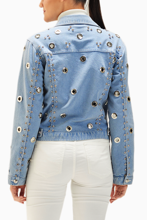 Light Wash Eyelet Embellished Denim Jacket