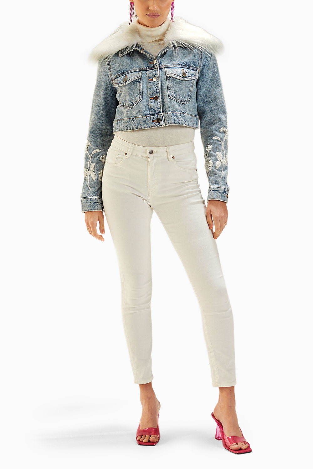 Light Wash Fur Embellished Denim Jacket