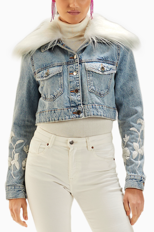 Light Wash Fur Embellished Denim Jacket