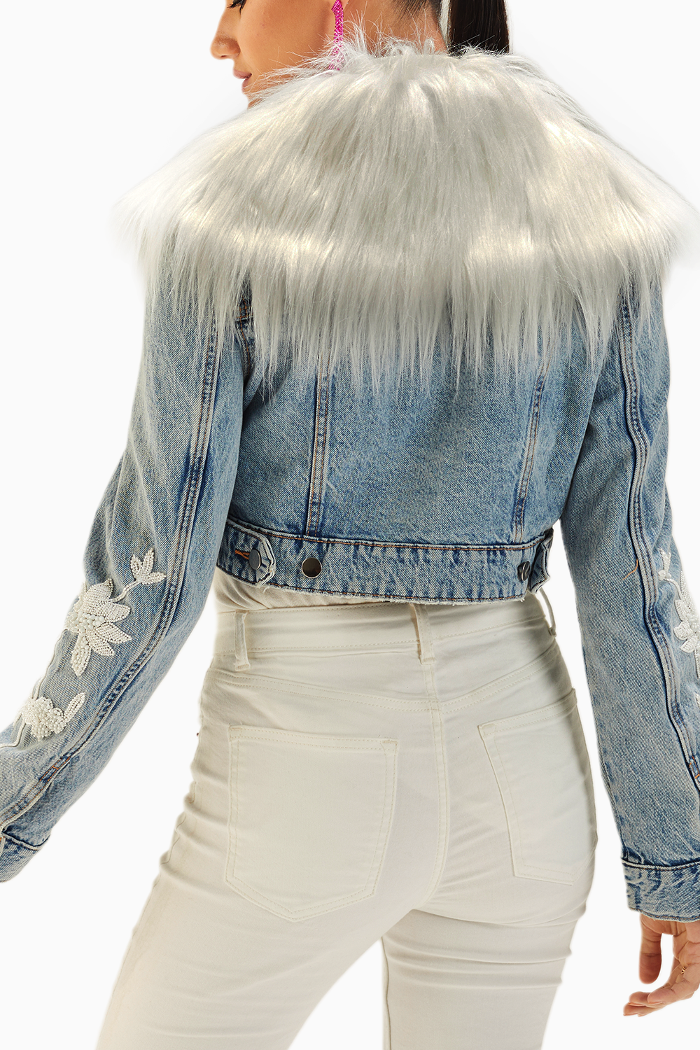 Light Wash Fur Embellished Denim Jacket