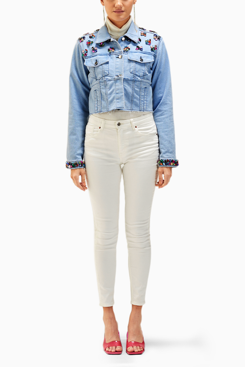Light  Wash Multicolor Stones Embellished Crop Jacket
